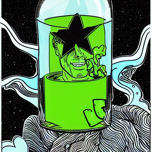 Prompt: pthe head of tom cruise in a jar with transparent green liquid. Illustration, marvel comic, inked and colored