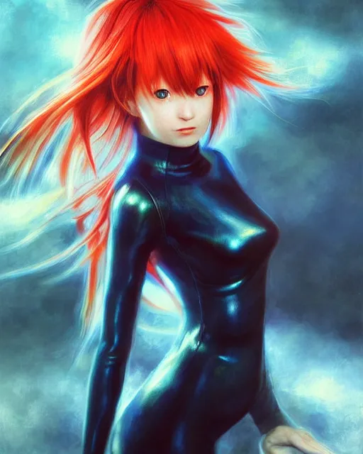 Image similar to asuka langley soryu wearing plugsuit, award winning photograph, radiant flares, realism, lens flare, intricate, various refining methods, micro macro autofocus, evil realm magic painting vibes, hyperrealistic painting by michael komarck - stephen gemmell