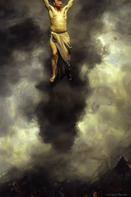 Image similar to beautiful detailed expressive impressionistic oil painting portrait of ancient roman god emperor steve buscemi levitating, ascending into the dark wearing the civic crown, renaissance painting, black background, art by anders zorn, wonderful masterpiece by greg rutkowski, expressive brush strokes, beautiful cinematic light, american romanticism by greg manchess, jessica rossier