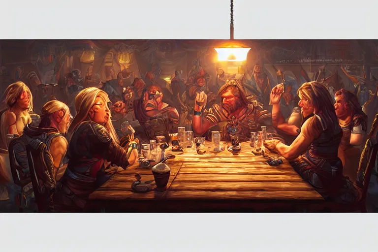 Image similar to warrior drinking at a table, irish, detailed faces, digital art, beautiful lighting, happy atmosphere, trending on artstation, by Dan Mumford, by Artgerm, matte art