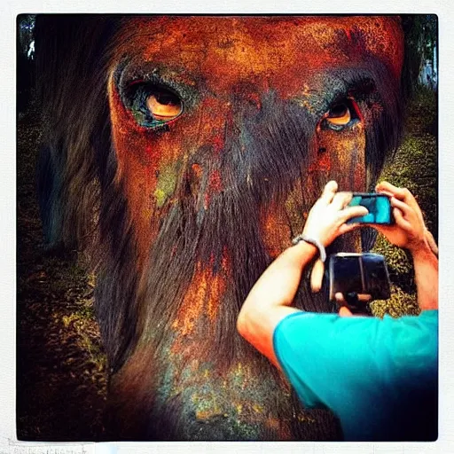 Image similar to “color photo of a Neanderthal with no cloth man taking an iPhone photo of a rusted mammoth on the grill, National Geographic , anthropology photo”