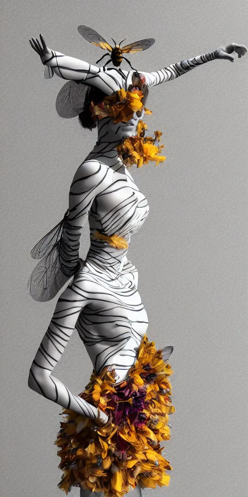 Prompt: an anthromorphic beautiful bee woman wearing striped couture made out of wax and paper and flower petals, at a fashion shoot, trending on Art Station, 3D, octane render,