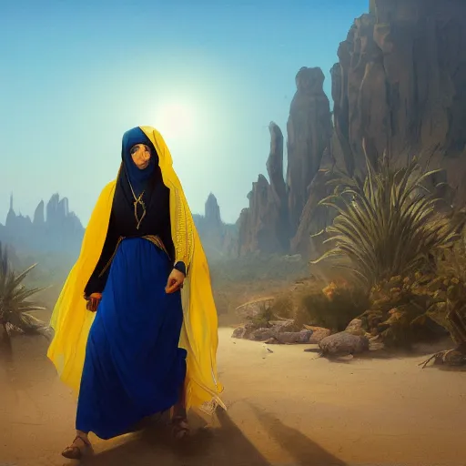 Prompt: a middle - eastern female cleric with straight black hair wearing blue and yellow vestments exploring a village in a desert, fantasy, highly detailed, digital painting, artstation, concept art, character art, art by greg rutkowski and tyler jacobson and alphonse mucha