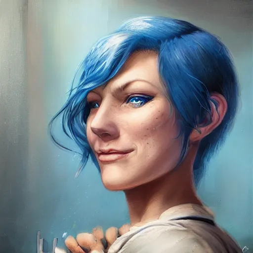 Image similar to an insanely detailed portrait of a smiling beautiful barmaid with short blue hair working at a rustic saloon, highly detailed features, sparkling blue eyes, long eyelashes, in the style of peter mohrbacher, artgerm, dramatic lighting and composition, octane render, trending on artstation, concept art 8 k