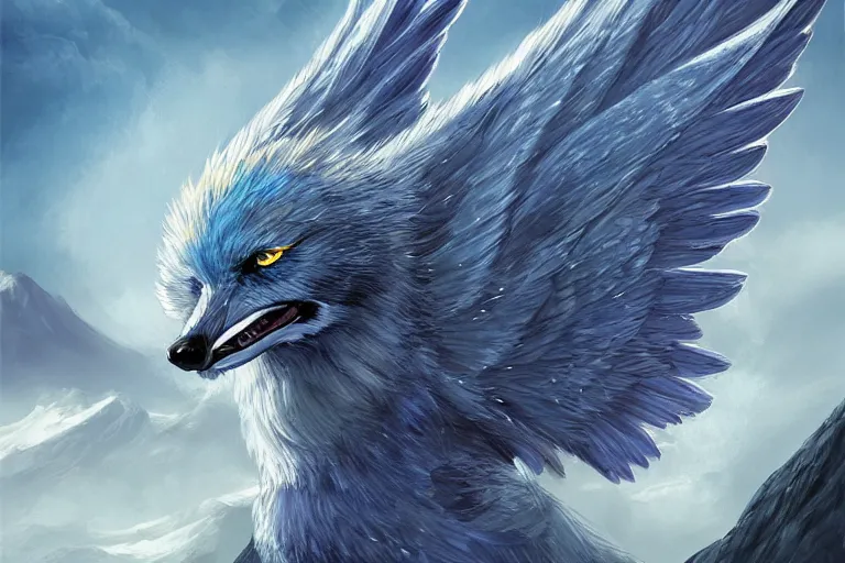 Image similar to Blue feathered wolf with wings on a beautiful fantasy landscape, hills, mountains, moonlit, HD, illustration, epic, D&D, fantasy, intricate, elegant, highly detailed, digital painting, artstation, concept art, smooth, sharp focus, illustration, art by XIAODI JIN