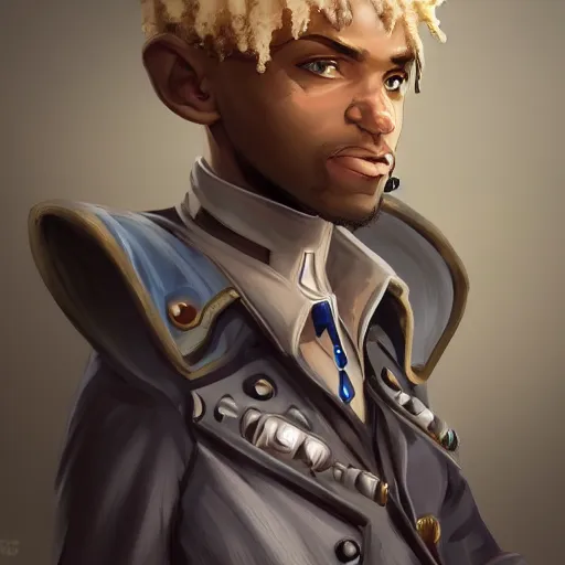 Prompt: african american man with blue eyes, blonde hair, blue horns, wearing steampunk attire, highly detailed, digital painting, artstation, matte, by makoto shinkai, animation style