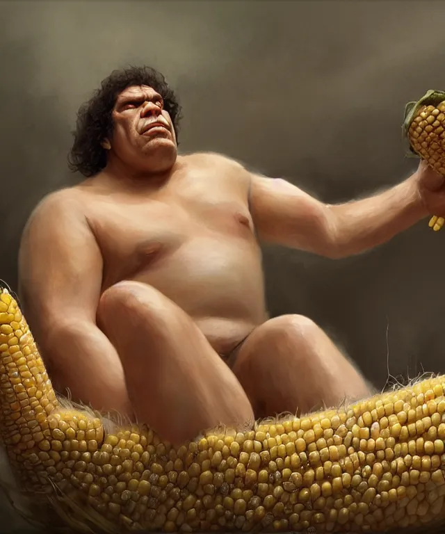 Prompt: andre the giant, cinematic, in a bathtub, holding a giant corn, elegant, highly detailed, digital painting, artstation, smooth, hard focus, illustration, art by jessica rossier and and brian froud