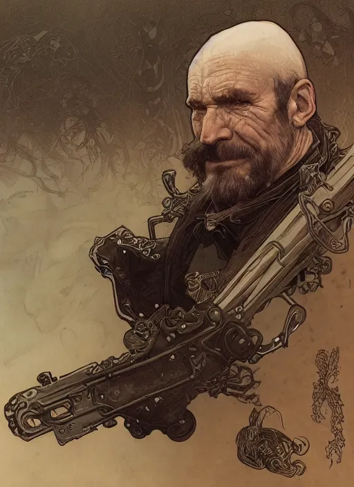 Prompt: detailed portrait of random old man, weapon, dark and white, behance hd artstation, by moebius, alphonse mucha, ayami kojima, amano, greg hildebrandt, and mark brooks, masculine, male, art nouveau, neo - gothic, gothic, character concept design, dynamic light, stylised illustration, disco elysium, 4 k