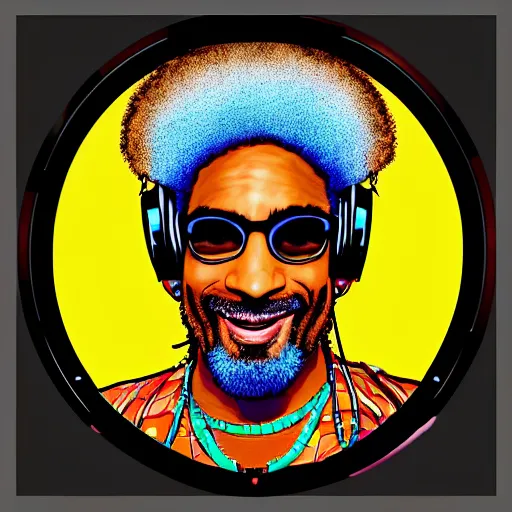 Image similar to svg sticker of a Dancing-Ben-Harper-Snoop-Spike-Lee-with-a-large-Afro-Puff, at a rave, spinning records, giant headphones rocking out, wearing headphones, huge speakers, dancing, rave, DJ, spinning records, digital art, amazing composition, rule-of-thirds, award-winning, trending on artstation, featured on deviantart