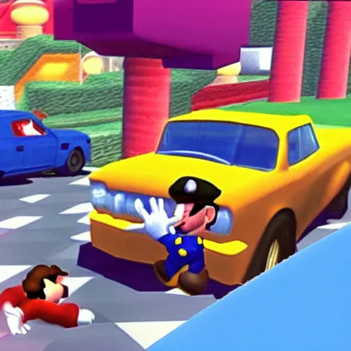 Image similar to screenshot of a carjacking in super mario 6 4