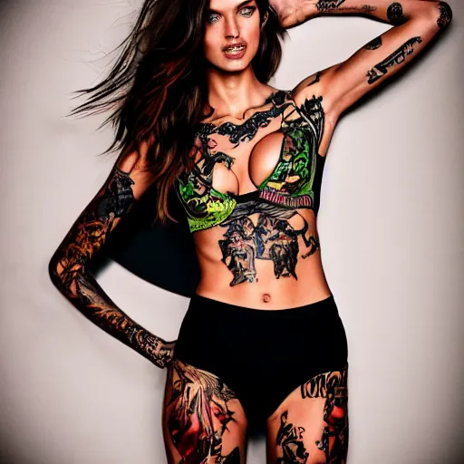 Prompt: fully body pose, photo of a very beautiful!! victoria secret model, fully tattooed, 8 k, hdr, smooth, sharp focus, high resolution, award - winning photo, trending on artstation, dslr, 5 0 mm c 1 5. 0