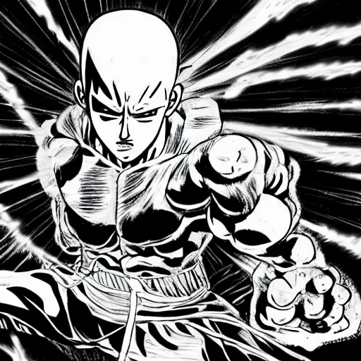 Image similar to dramatic action lines drawing of saitama charging up a punch, black rain and guts are raining down the sky