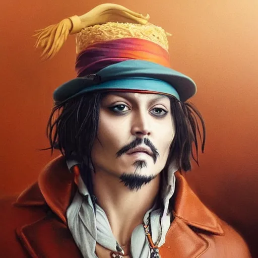 Prompt: johnny depp wearing a cake, warm fantasy, wenjun lin, studio ghibli, artgerm