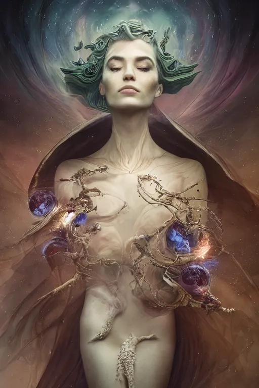 Prompt: beautiful detailed cgi matte painting female space empress of the andromeda, by ellen jewett, alessio albi | symmetrical features, ominous, alluring, vivacious, realism, intricate, ornate, royally decorated, organic, growth, whirling gasses, glowing particles, refractive adornments, colorful torn nebulas, radiant colors