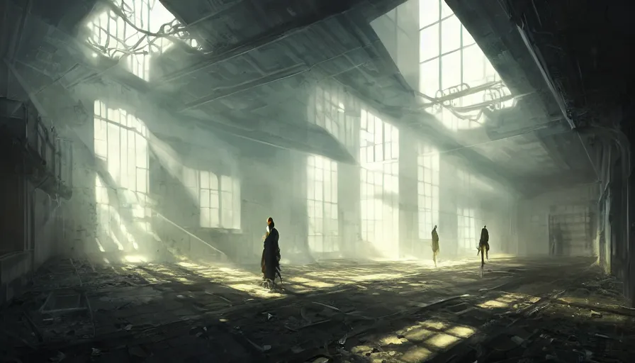 Image similar to high tech nomands exploring abandoned laboratory, light, shadows, reflections, steam, epic composition, intricate, elegant, volumetric lighting, digital painting, highly detailed, artstation, sharp focus, illustration, concept art, ruan jia, steve mccurry