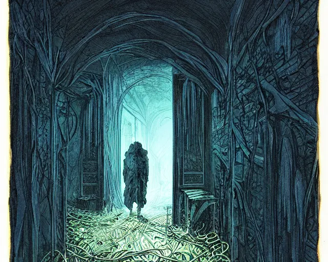 Prompt: in this ominous scene, we see a long twisting corridor leading to a door with light spilling beneath it, a mysterious ghostly figure passes through old wallpaper, art by bernie wrightson, foreboding, creepy, dusty, abandoned, colorful, blue and gold color scheme, masterpiece, vines on the floor