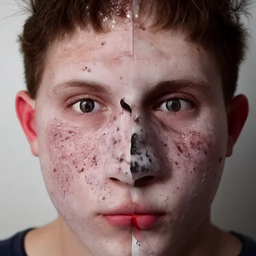 Image similar to a caucasian man with the most acne in the world. acne on face, acne on body, huge zits all over body, desperate, depression, dark mood, hate life, puss zits, pimples