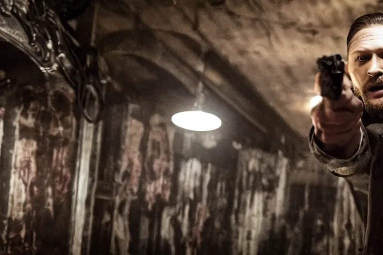 Image similar to film still of Tom Hardy as Max Payne in a creepy funhouse in the Max Payne movie, 4k