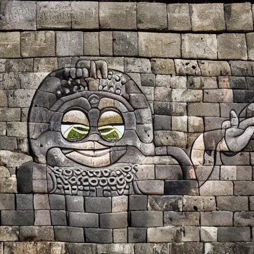 Prompt: bas - relief about pepe the frog on borobudur wall