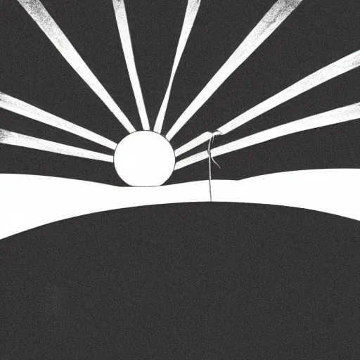 Image similar to a lineart illustration about a rising sun on a landscape, negative space is allowed, black ink on white background, smooth curves