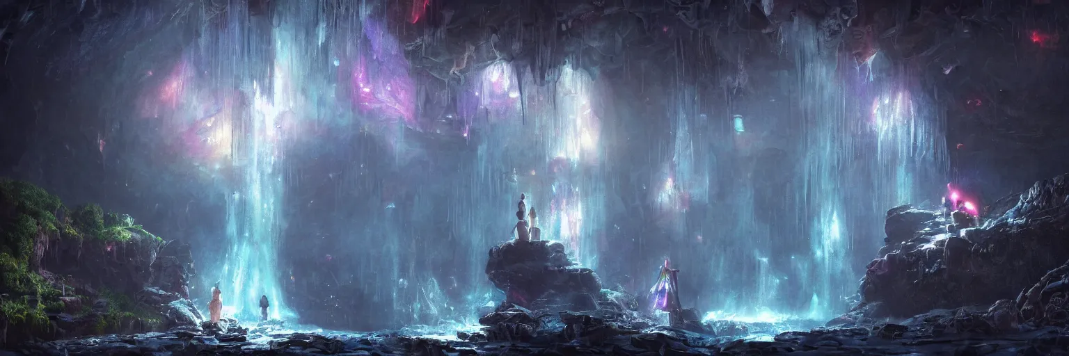 Prompt: oil painting, dungeon, underground scene, cave, glowing threads of drop, solitude under a waterfall, space flower fairy, space, stars, star rain, rich deep colors masterpiece, ultra detailed, beautiful fantasy, contrast, volumetric light, atmospheric lighting, cinematic, steampunk, moody, octane render 4 k, 8 k