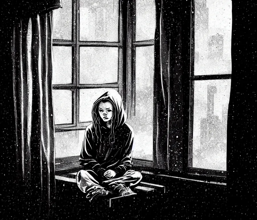 Prompt: sadie sink in hoodie sits on windowsill, knees tucked in | rain falls at night : storyboard, scifi cyberpunk, b & w. by gabriel hardman, joe alves, chris bonura. cinematic atmosphere, detailed and intricate, perfect anatomy