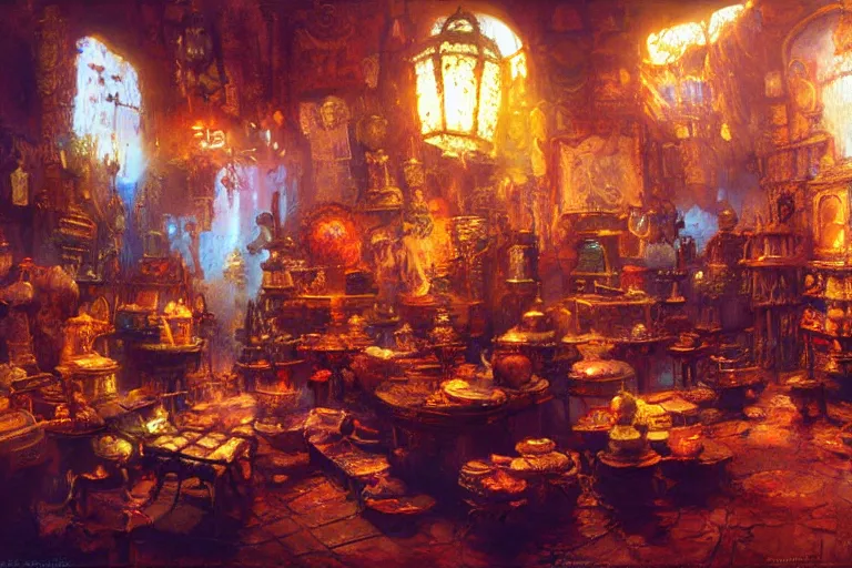 Image similar to the interior of a mystical antique shop with strange artifacts, painted by craig mullins and paul lehr, beautiful light,