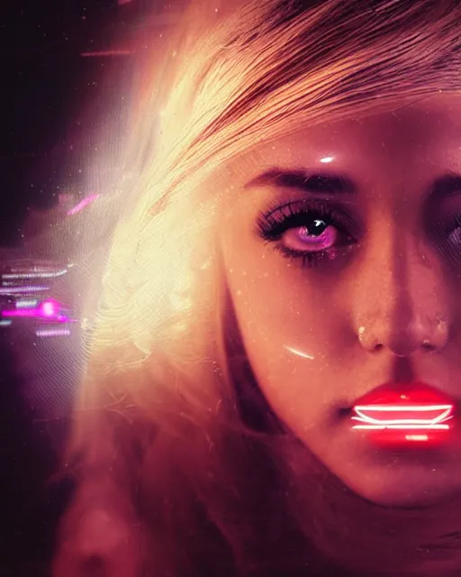 Image similar to a gorgeous young woman in dead space, with wild blonde hair and haunted eyes, 1 9 7 0 s, space station, neon light showing injuries, delicate ex embellishments, painterly, offset printing technique