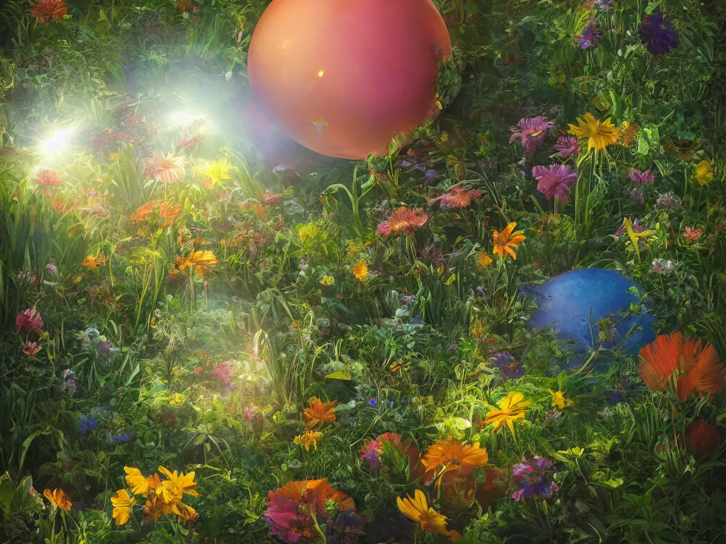 Image similar to sunlight study, the universe is a spheroid region 7 0 5 meters in diameter of kauai wildflower undergrowth, art nouveau, by rachel ruysch and ( ( ( ( ( lisa frank ) ) ) ) ), 8 k, sharp focus, octane render