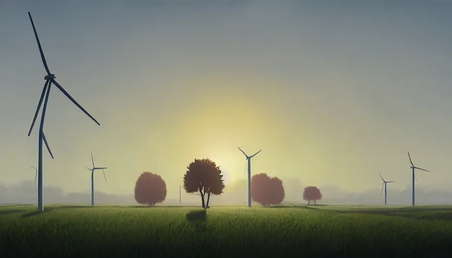 Image similar to big field of wind mills, early morning sun in the sky, one tree, simon stalenhag