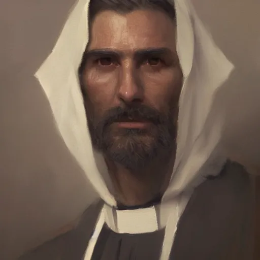 Image similar to An oil painting of a man dressed as a priest in his forties, beautiful and sharp face, dark brown hair with streaks of grey in it, highly detailed, by Greg Rutkowski, trending on artstation