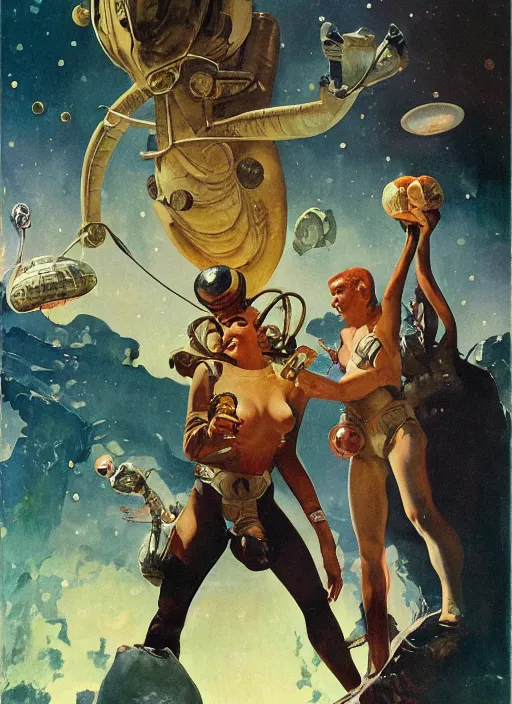 Image similar to 5 0 s pulp scifi fantasy illustration venusian alien in village on venus, by norman rockwell, roberto ferri, daniel gerhartz, edd cartier, jack kirby, howard v brown, ruan jia, tom lovell, frank r paul, jacob collins, dean cornwell, astounding stories, amazing, fantasy, other worlds