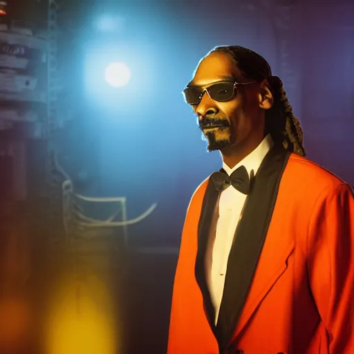 Prompt: snoop dogg as a young man with a beard in a dark blue trenchcoat with an orange bowtie as the new doctor who, cinematic, volumetric lighting, f 8 aperture, cinematic eastman 5 3 8 4 film, photorealistic