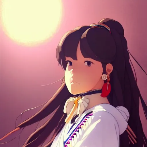 Image similar to a beautiful! plus sized native women instagram model, brown skin, wearing elegant catholic school girl designer fashion with mayan pattern and native style, aztec street fashion, gapmoe yandere grimdark, trending on pixiv fanbox, painted by greg rutkowski makoto shinkai takashi takeuchi studio ghibli, akihiko yoshida