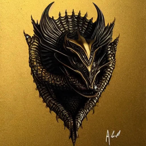 Prompt: emblem of black dragon on a gold metallic dragon emblem, by artgerm, tom bagshaw, gerald brom, moody vibe, victorian vibe, gold, shiny, gold, 4 k, hd,