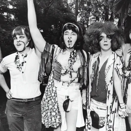 Image similar to 1 9 6 0 s photograph of a group of mixed gender hippies wearing peppermint themed outfits