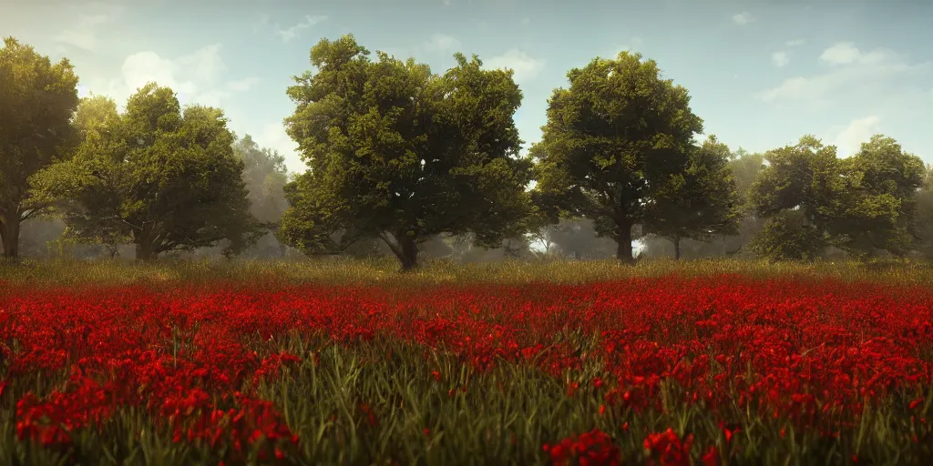 Image similar to a single big red tree in the middle of a battlefield near a bunch of red flowers at sunrise, hyperrealistic, concept art, octane render, unreal engine 5, trending on Artstation, high quality, 8K, dramatic lighting, cinematic, high coherence, highly detailed, Midjourney style, epic scene, path traced, low contrast, complementary colors