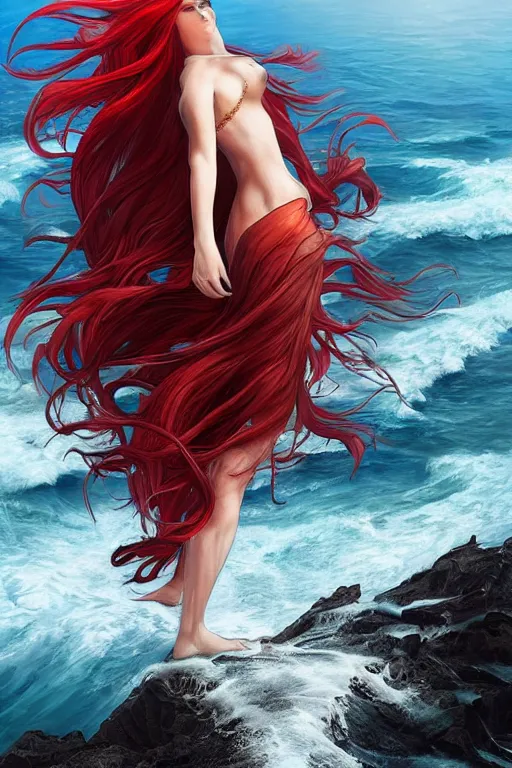 Prompt: a woman with long flowing red hair standing on a cliff overlooking a turbulent sea, artgerm, highly detailed,