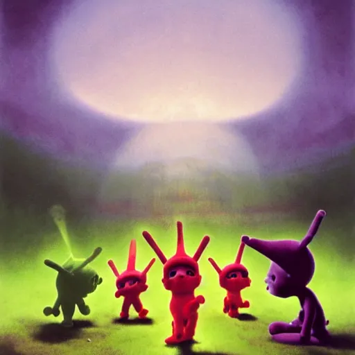 Image similar to The Teletubbies go to Hell, psychedelic art, demonic, fullbody, artstation, dark fantasy, concept art, horror, evil, smooth, sharp focus, illustration, art by greg rutkowski and orientalism and bouguereau and Zdzislaw Beksinski, good clear quality, lighting, biology, symmetrical artwork, perfect face, 135 mm, cinematic, hyper realism, high detail, octane render, 8k, chrome accents