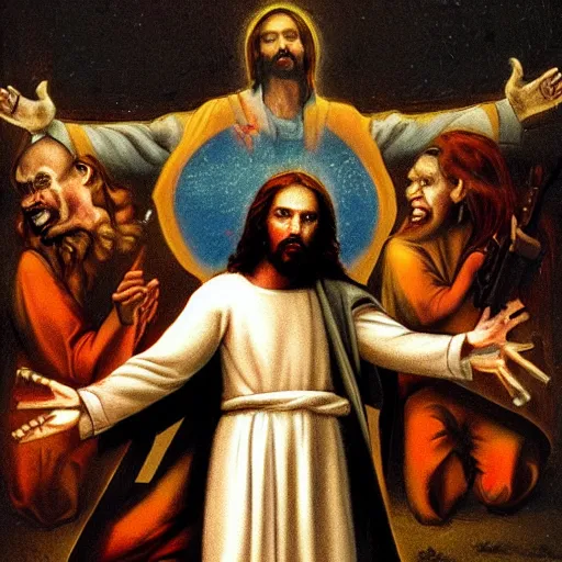 Image similar to jesus with guns killing demons