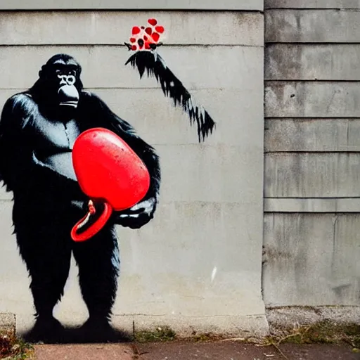 Prompt: gorilla wearing red headphones, holding a amanita muscaria, made by banksy