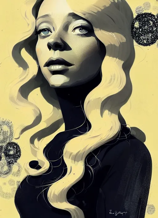 Image similar to highly detailed closeup portrait of beautiful portia doubleday, blonde wavy hair, angela moss, black suit by atey ghailan, by greg rutkowski, by greg tocchini, by james gilleard, by joe fenton, by kaethe butcher, gradient yellow, black and white color scheme, grunge aesthetic!!! ( ( graffiti tag wall background ) )