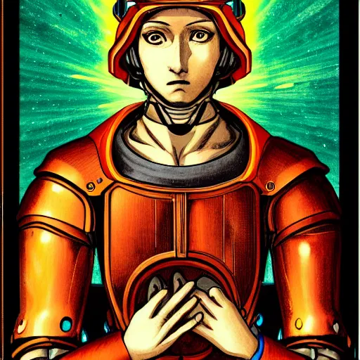 Image similar to detailed color manga illustration of a renaissance Saint with a halo, as a cyborg robot, cyberpunk, dark, akira, davinci, sistine chapel, sci-fi