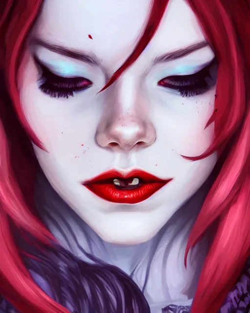 Prompt: a portrait of a beautiful full body Emma Stone vampire sharp teeth open mouth, covered in blood, art by lois van baarle and loish and ross tran and rossdraws and sam yang and samdoesarts and artgerm, digital art, highly detailed, intricate, sharp focus, Trending on Artstation HQ, deviantart, unreal engine 5, 4K UHD image