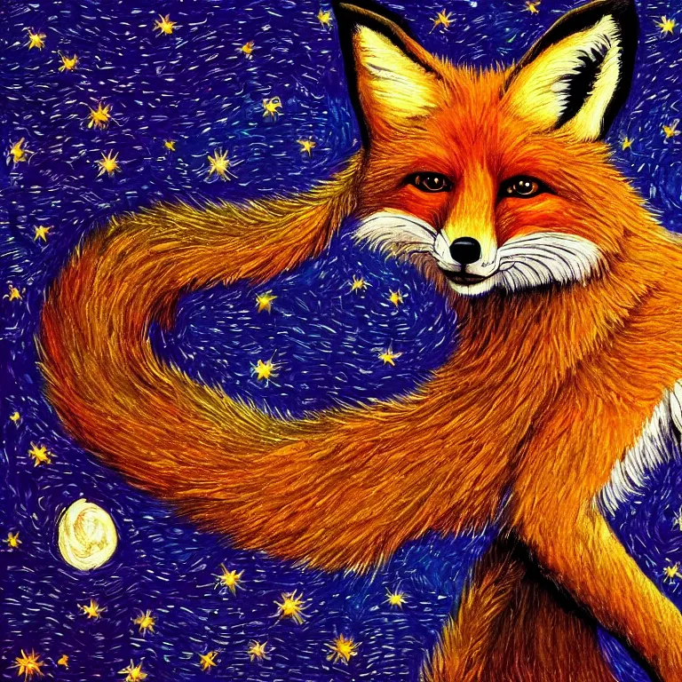 Image similar to a painting of a fox in the style of Starry Night, synthwave, highly detailed