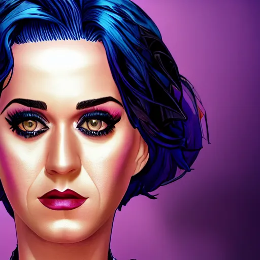 Image similar to katy perry portrait, borderlands, tales from the borderlands, the wolf among us, comic, cinematic lighting, studio quality, 8 k