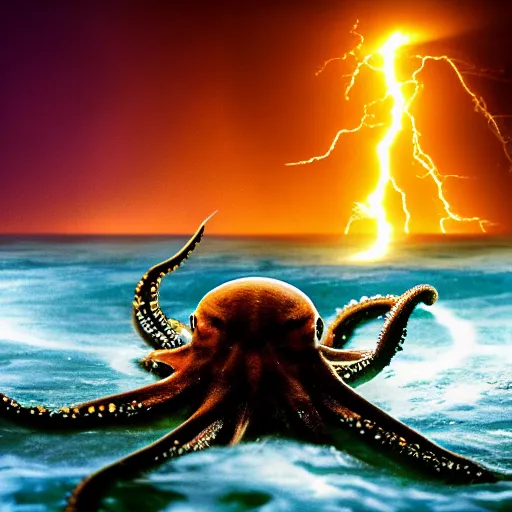 Prompt: high - definition photography shot of an octopus fighting a ufo. water splashing everywhere. lightning bolt strack on the sky