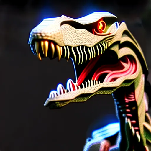 Image similar to a velociraptor with electric collars around its body infected by an alien implant, photorealistic 3 d octane render, unreal engine