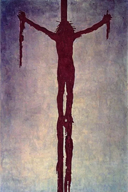 Image similar to bloody christ crucified and huge ufo in the sky painted by cy twombly and andy warhol