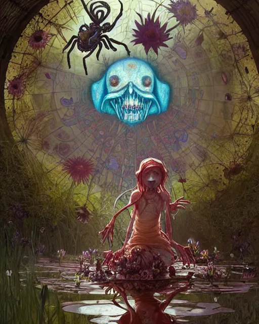 Image similar to the platonic ideal of flowers, rotting, insects and praying of cletus kasady carnage davinci dementor chtulu mandala ponyo the last of us dinotopia watership down, fantasy, ego death, decay, dmt, psilocybin, concept art by greg rutkowski and simon stalenhag and alphonse mucha